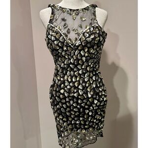 Mac Duggal Black and Gold Embellished Mini Dress